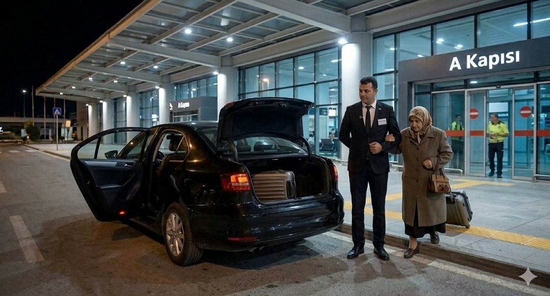 Alaçatı Havalimanı taksi hizmeti, şoförün yaşlı müşteriye yardımcı olması ile konforlu ve güvenli transfer